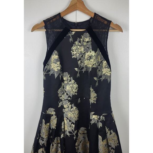 Silk Trim Metallic Floral Midi Fit and Flare Pleated Carmen Marc Valvo Dress | 4 - Picture 4 of 9